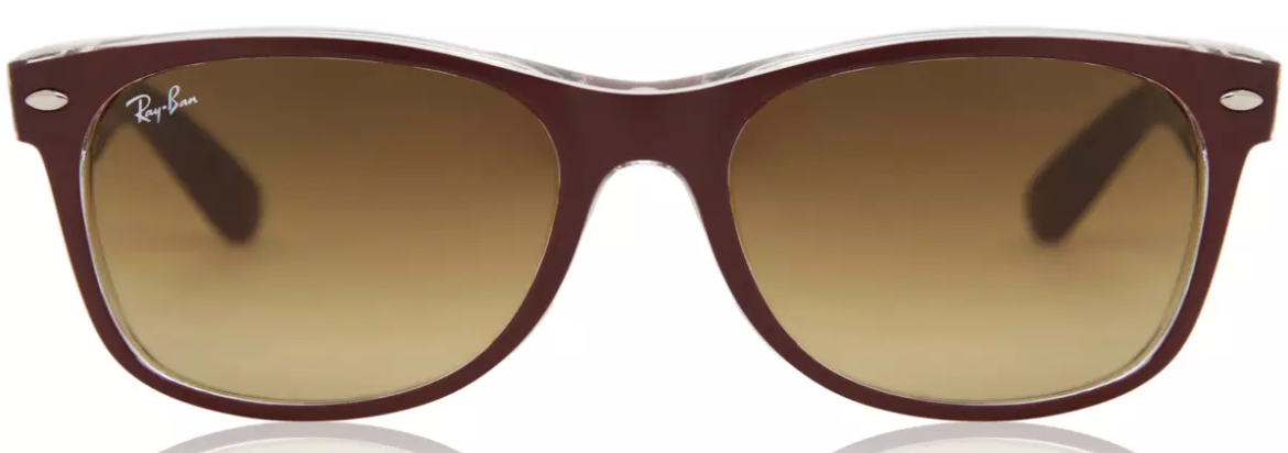 ray ban 2132 new wayfarer purple red sunglasses gradient brown tinted lens UV protection trendy modern funky iconic front view